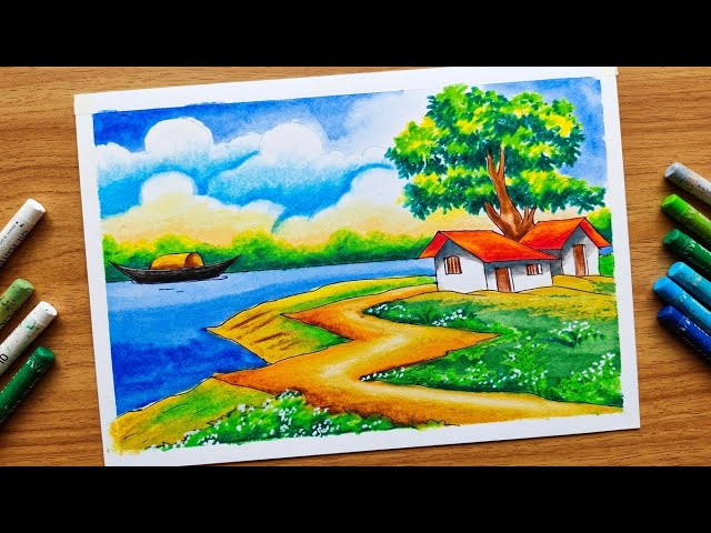 Easy Riverside Village Scenery Drawing with Oil Pastels | Step-by-Step Art Tutorial গ্রামের দৃশ্য 