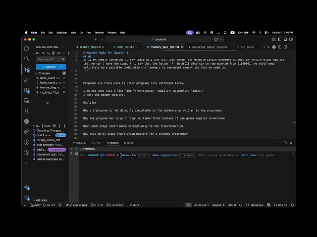 day 7 doing som church software, learning backend dev finishing chapter 1 of CS:APP