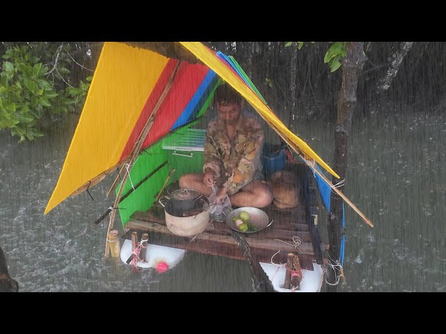 CRAZY RAINING SURVIVAL BUILDING A SHELTER ON THE WATER OVERNIGHT STAY WITH MY LOYAL DOG!
