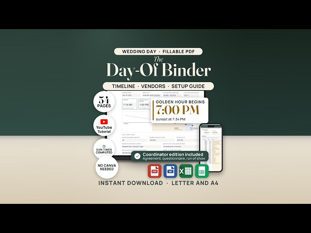 Wedding Day-Of Binder: Full Walkthrough (Sunset Timeline, Vendor Call Sheet, Coordinator Edition)