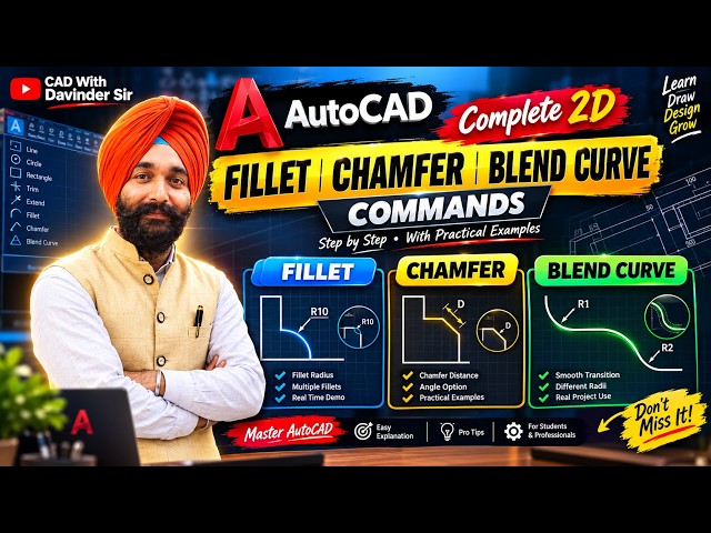 AutoCAD FILLET, CHAMFER & BLEND CURVE Commands 🔥 | Complete 2D Tutorial | Deep Explanation.#autocad