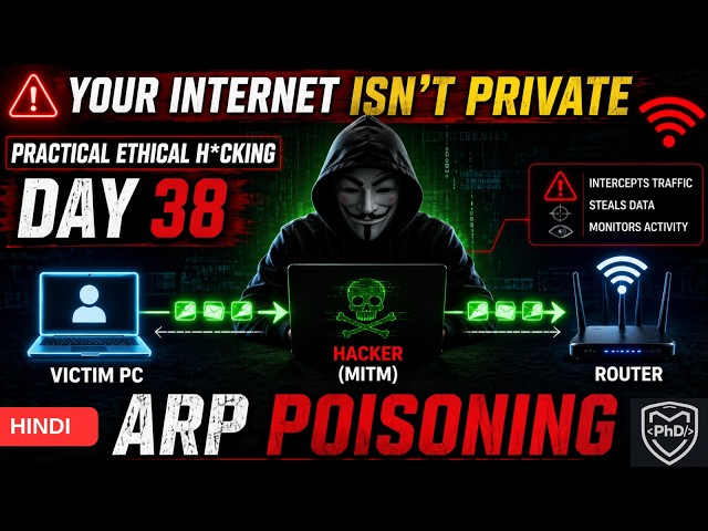 Practical Ethical Hacking 2026 - DAY 38- ARP Poisoning / Spoofing | HINDI | PhD Security | 2026