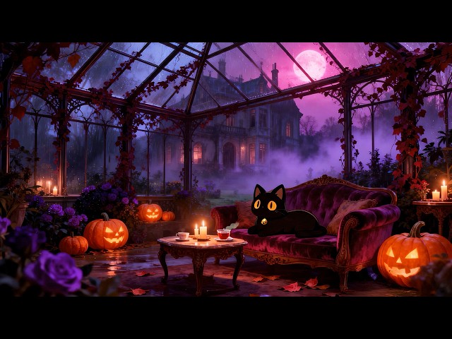 Halloween Rainy Night 🎃 Lofi Cat | Relaxing Lofi Music [Victorian Greenhouse & Cozy Candle Ambience]