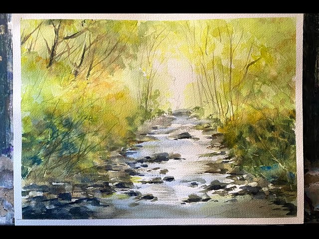 Lois' Simple BEGINNERS Sunlit Woodland Stream Watercolour Landscape, watercolor painting tutorial