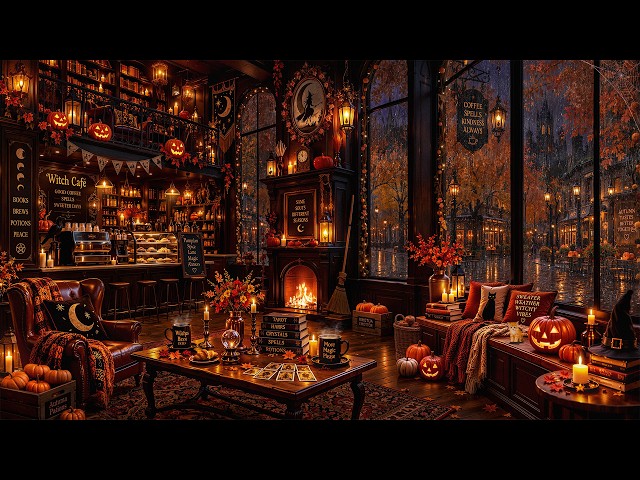 🎃Cozy Witch’s Brew Cafe Ambience | Autumn Jazz, Heavy Rain Window, Pumpkin Glow & Fireplace Sounds