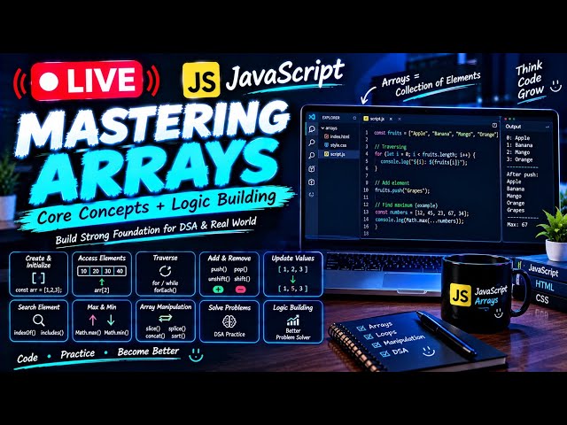 🔴 LIVE | Mastering JavaScript Arrays 🚀 | Core Concepts + Logic Building | Live Coding