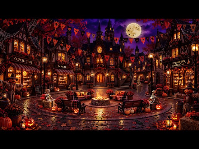 Halloween Comes Alive in a Cozy Autumn Village Vibes 🎃 Gentle Jazz, Fireside Glow & Falling Leaves
