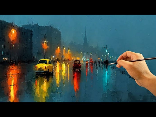 🚕 How to Paint a Stunning Rainy Night City in Acrylic | Easy Painting Tutorial for Beginners | #151