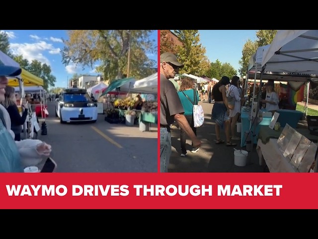 Waymo driverless car drives through Denver farmers market