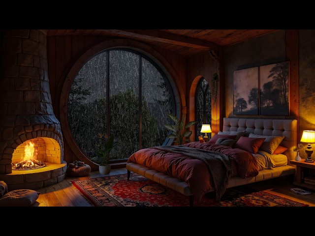 Healing Piano Music with Peaceful Rain | Crackling Fire for Reduce Stress and Cure Insomnia