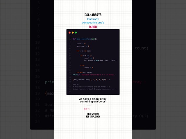 DSA Day 14/100 | Maximum Consecutive 1s in Python | Array Problem. #dsa #python #coding #students