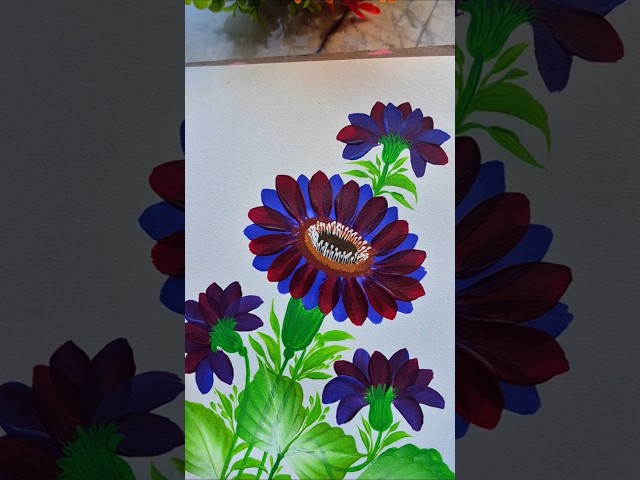 Beautiful Blue & Red Flower Painting 🌺💙 | Easy Floral Art#Art #shorts #viral