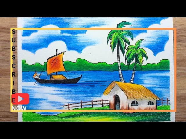 how to draw a beautiful riverside Village scene drawing/River scenery with boat drawing
