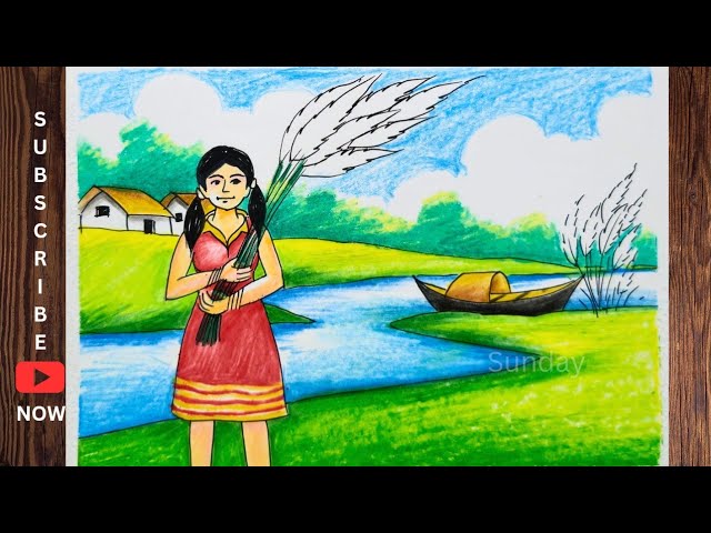 Autumn scenery with girl drawing and colour/শরৎকালের দৃশ্য ড্রয়িং oil pastel/Autumn scenery drawing