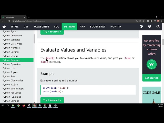 W3schools Python - Booleans