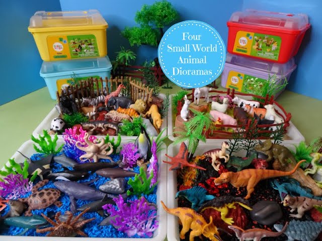 Four Small World Animal Dioramas W/ Giggle Scape Safari, Farm, Ocean, & Dino Playsets