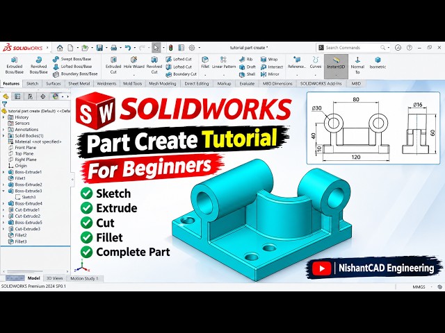 SOLIDWORKS Tutorial for Beginners | Complete Part Create Using Sketch & Features