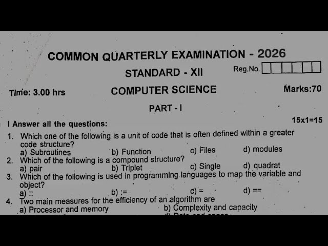 12th std computer science Quarterly exam exam question paper 2026 | 12th Quarterly exam 2026