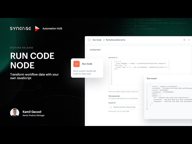 Run Code node: Transform workflow data with your own JavaScript