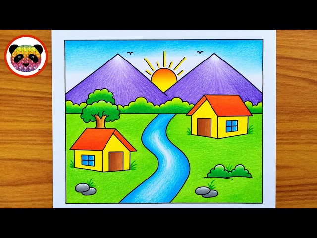 Easy Village Scenery Drawing with River and Mountains / Landscape Drawing Step by Step / Nature Art