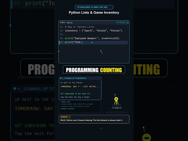 PYTHON ZERO TO HERO • DAY 6/30 | Python Lists & Game Inventory 🎒 #Shorts