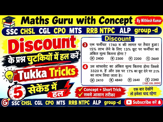 Discount के सवाल चुटकियों में हल 🔥5 सेकेंड की Tukka Trick 😱 | SSC CHSL CGL CPO MTS RRB NTPC Group-D 