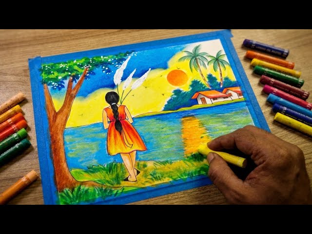Easy Sunset Riverside Autumn Village Scenery Drawing with Oil Pastels | Step-by-Step Tutorial