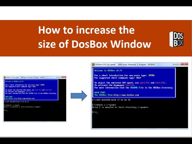 How to increase the size of dosbox window, change the size, screen resize, resolution, font size