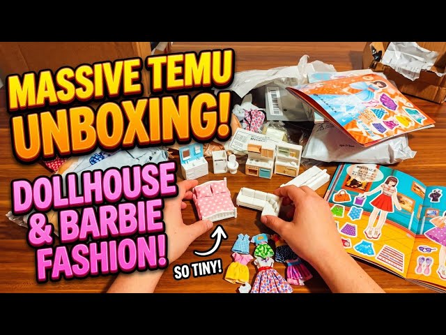 Massive Temu Mini Unboxing Dollhouse Furniture Barbie Fashion Outfits and Creative Sticker Books