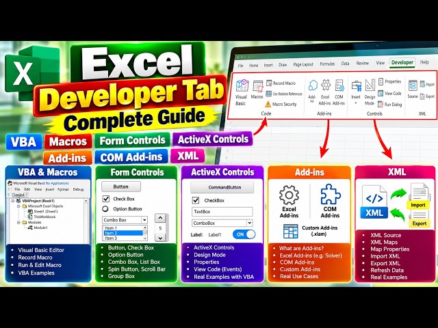 Excel Developer Tab Complete Guide | VBA, Macros, Form Controls, ActiveX, Add-ins & XML !!