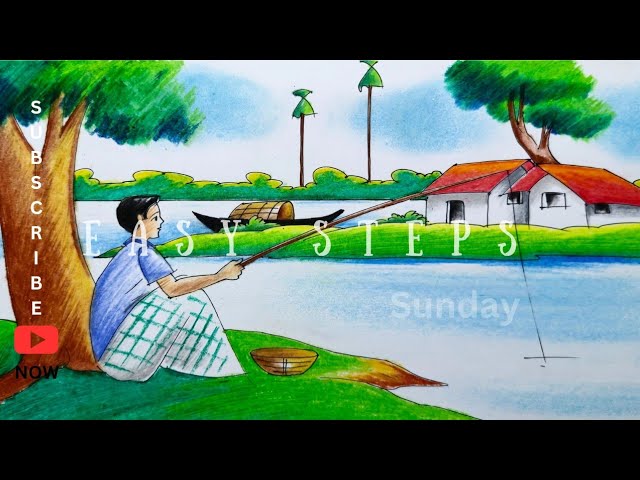 how to draw scenery of fishing মাছ ধরার দৃশ্য village scenery drawing