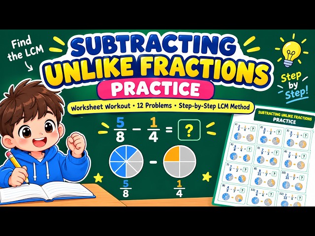 Subtracting Unlike Fractions Practice | 12 Problems Worksheet with LCM Method 🍕