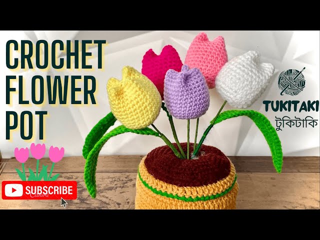 How to Crochet a Mini Tulip Flower Pot | Spring Decor | Crochet Home Decoration | #tukitakicrochet