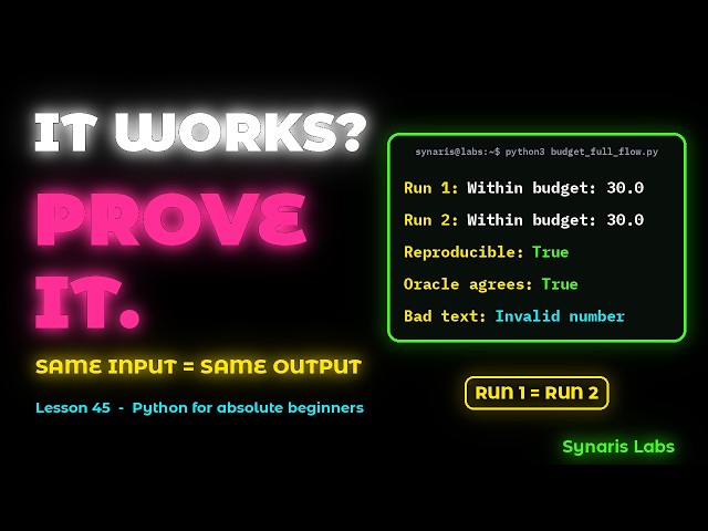 Lesson 45 — "It works" is a claim. Prove it: integration + reproducibility | Synaris Labs