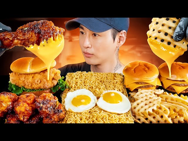 ASMR MUKBANG | Fried Chicken, Triple Cheeseburger, Indomie Mi Goren, Waffle Fries, Chicken Sandwich