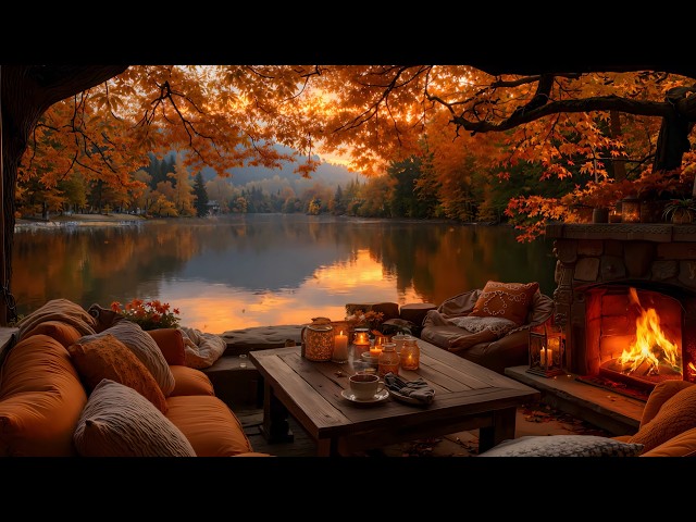 Warm Autumn Afternoon by the Lake 🍁 | Gentle Piano and Crackling Fire for Relaxation
