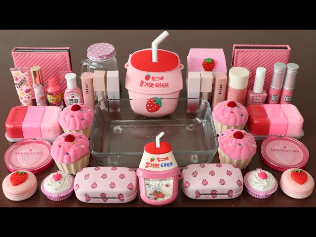 Mixing”Strawberry Milk” Eyeshadow and Makeup,parts,glitter Into Slime!Satisfying Slime Video!★ASMR★