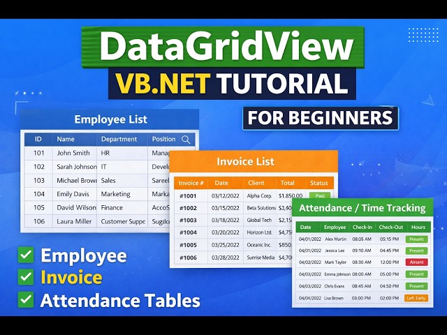 DataGridView VB.NET Tutorial for Beginners – Employee, Invoice & Attendance Tables