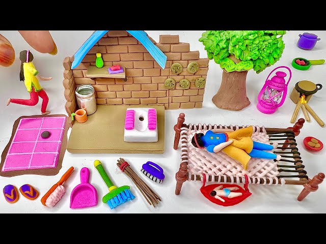 DIY How to make polymer clay miniature Village House, Washroom Set, Kitchen Set,Tree,Charpai lantern
