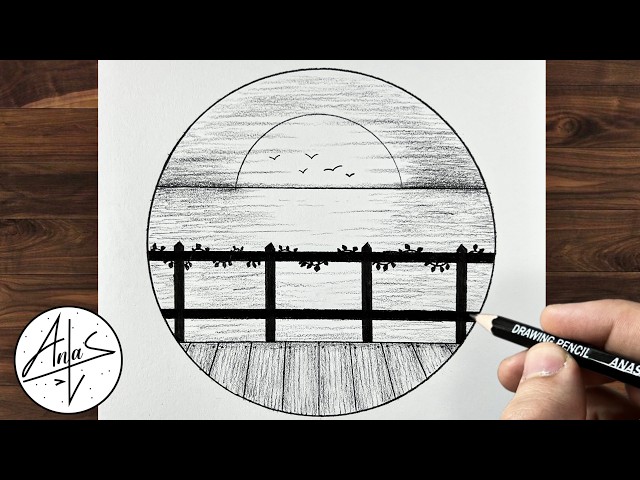 Easy Sunset Sea View Drawing in a Circle | Simple Pencil Sketch Tutorial for Beginners