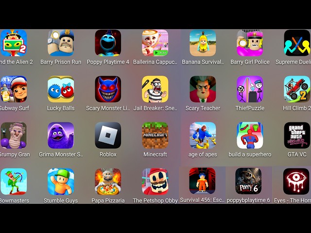 Grimace Monster Scary Survival,Poppy Playtime Chapter 6,Eyes The Horror,Barry's Police Girl,Roblox..