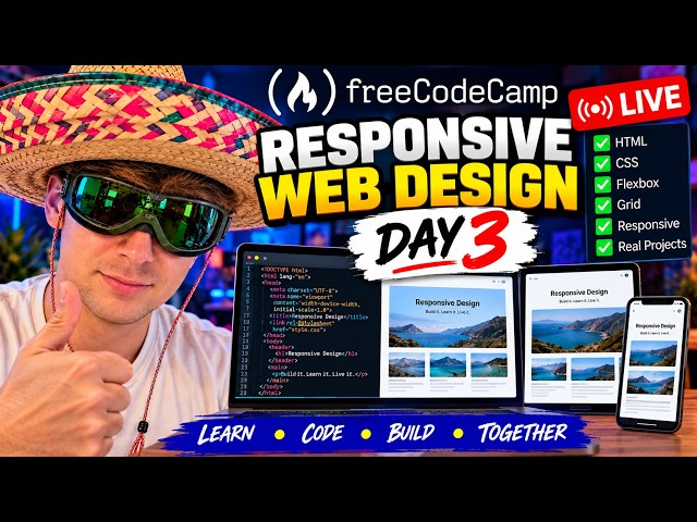 🔴 LIVE DAY 3: freeCodeCamp Responsive Web Design Challenge 💻🔥