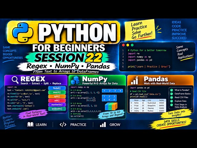Python Session - 22 | Regex, NumPy & Pandas | Arrays & DataFrames
