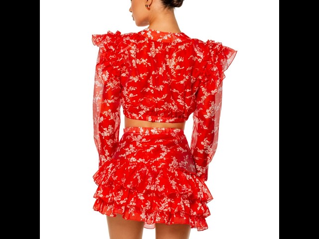 Red Floral Sheer Organza Ruffled Shoulder Cropped Top & Ruched Tiered Mini Skirt Set