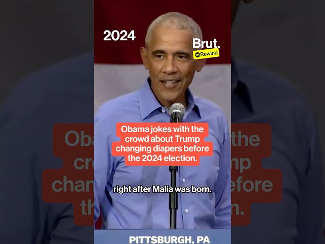 Obama jokes with the crowd about trump changing diapers.
