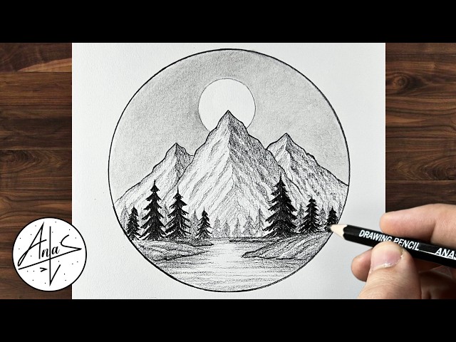 Easy Mountain Landscape Drawing in a Circle | Simple Pencil Sketch Tutorial for Beginners