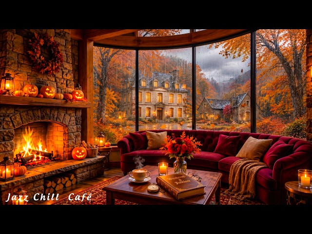 Your Secret Forest Cabin 🍂🔥 Relax by the Fireplace with Smooth Jazz & Gentle Autumn Rain