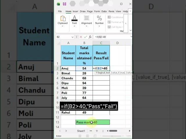 Excel Pass/Fail Formula মাত্র ৩০ সেকেন্ডে! 📊 #Shorts