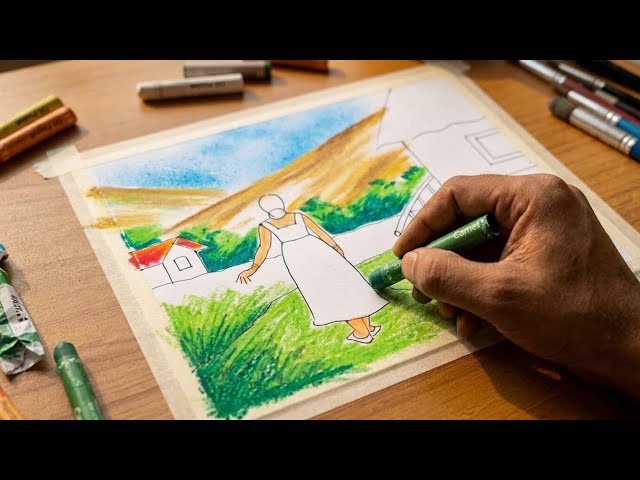  Beautiful Village Scenery Drawing with Oil Pastels & Color Pencil | Step-by-Step Art 