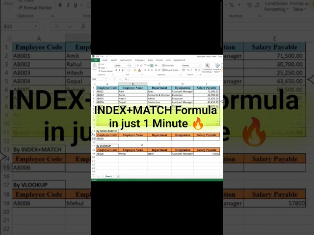 INDEX + MATCH in Just 1 Minute! 🔥 | Excel Formula #shorts
